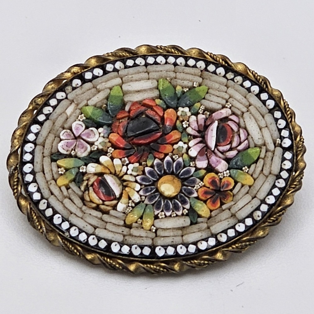 Italian Micro Mosaic Brooch Oval Pin Floral Flowers Made in Italy Art Vintage